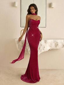 Vowa Vintage Grecian Style Pleated Waist Fitted Bodycon Dress With Ruffle Collar,Suitable For Afternoon Tea,Cocktail Parties,Business Events And Weddings - Burgundy - View 1