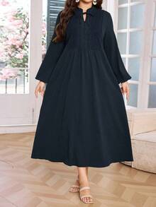 Lacomfia Plus Size Women Hollow Embroidered Button Collar Tie Waist Long Sleeve Dress - Blue - View 5