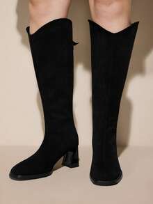 CUCCOO CURVES Women's Fashion Daily Wear Back Zipper Wide Calf High Heel Boots For Christmas - Black - View 4