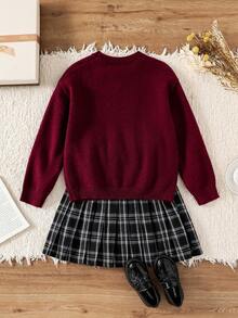 Genkimix Kids Girls' Checkerboard Sweater & Red Bow Accent Skirt Set, Versatile All-Match Red Skirt, Suitable For Halloween, Christmas, School Season, Cute Outfit - Burgundy - View 2