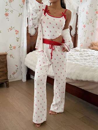 CottageSlumber 3pcs Women Allover Cherry Print Robe & Bow Decor Camisole Top & Straight Leg Pants Pajama Set, American Style, Winter Clothes Polka Dot Pajama Set Strawberry Pajama Set Cherry Pajama Set Sleep Wear Women 2 Piece Set Pajamas Set Two Piece