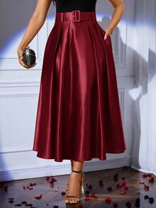 SHEIN Lady Women's Fashion Casual Solid Color Waist Belt Long Skirt,Fall,Fall Clothes For Women,Women's Winter Clothes - Red - View 5