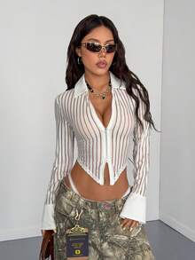 StreetHx Streetwear Women's Casual White Long Sleeve Striped Textured Fabric Shirt Top - White - View 3