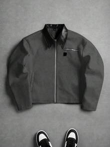 PAVTROS 男士休闲时尚街头撞色PU皮领拉链夹克，秋冬款 - 灰色 - 查看 1