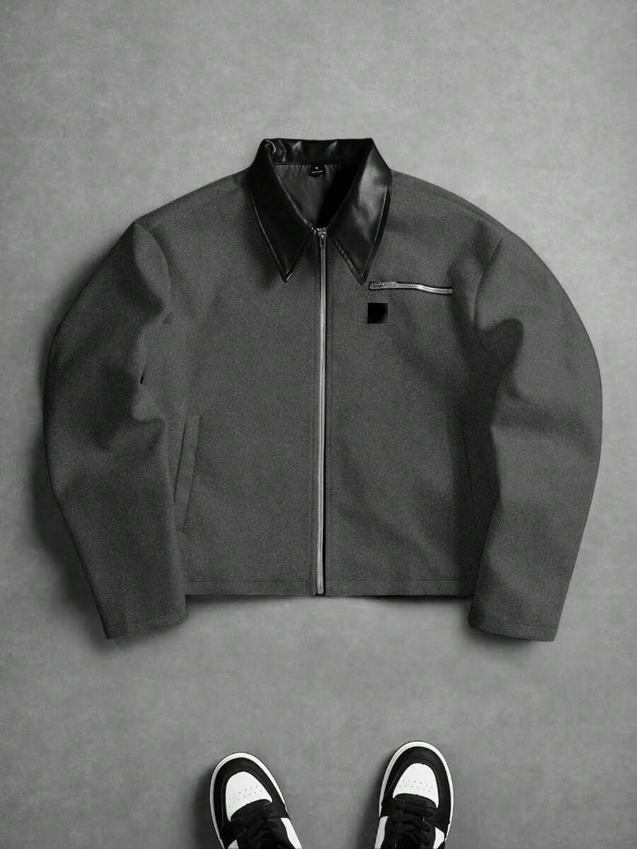 PAVTROS 男士休闲时尚街头撞色PU皮领拉链夹克，秋冬款 - 灰色 - 查看 1