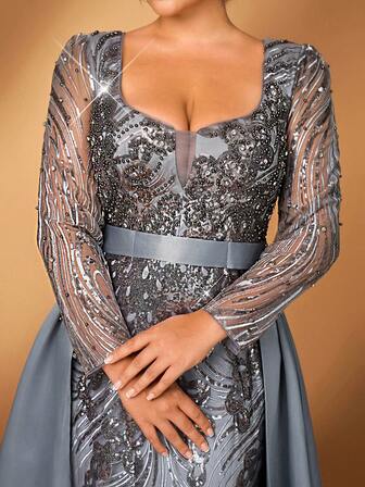 Serin 大码优雅浪漫奢华灰色心形领长袖薄纱亮片刺绣亮片美人鱼裙摆拖尾正式礼服（重工装饰设计）