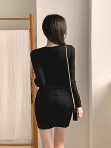 DAZY 女士优雅纯色长袖方领修身迷你连衣裙 - 黑色 - 查看 5