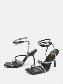 女士高跟鑽石帶扣砂鞋，薄跟方頭鑲嵌鑽石扣，度假鞋夏日促銷 - 黑色 - 查看 4