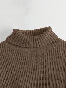 ROMWE 休闲纯色高领毛衣，秋冬季 - 卡其色 - 查看 3