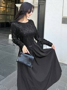 DAZY French Elegant Black Long Dress, Slimming Women's Dress For Autumn/Winter - Black - View 5