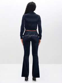 BABYPHAT Velour Funnel Neck Zip Up Sweatshirt With Rhinestone Text Embellishments Cropped Long Sleeve Tracksuit Top - Blue - View 6