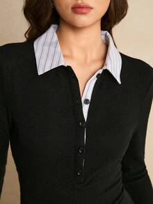 Poéselle 女士休闲翻领修身长袖T恤，秋季款 - 黑色 - 查看 4