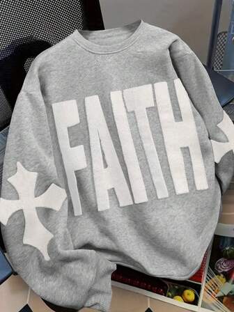 Manfinity Men's Letter & Cross Graphic Crew Neck Loose Fit Long Sleeve Pullover Sweatshirt