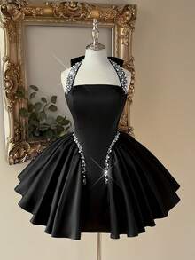 Lovelzi 优雅浪漫时尚黑色缎面水钻装饰露背礼服，适合派对、正式晚宴、婚礼宾客、黑色长裙、单身派对礼服、舞会礼服等场合。 - 黑色 - 查看 4