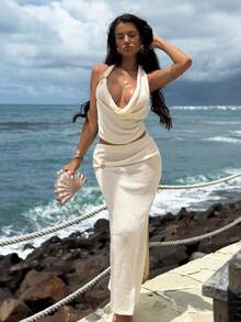 Swim SXY Áo len màu mơ có cổ xếp nếp, chi tiết trang trí bằng kim loại, chân váy maxi cạp chun, bộ đồ hai mảnh dáng rộng kèm áo choàng - Màu be - Xem 5