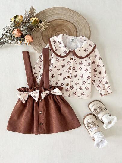 SHEIN 2pcs Baby Girls Doll Collar Long Sleeve Floral Shirt + Suspender Skirt Casual Outfit, Korean Style Retro Cute Apricot Brown Puff Sleeve Top Paired With Short Skirt, Suitable For Spring And Autumn Seasons