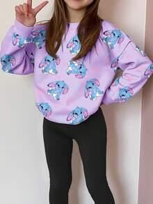 SHEIN Leap Crew 两件套少女可爱卡通蓝色兔子、蝴蝶结、史迪奇图案柔软圆领长袖卫衣和打底裤，秋冬套装 - 彩色 - 查看 4