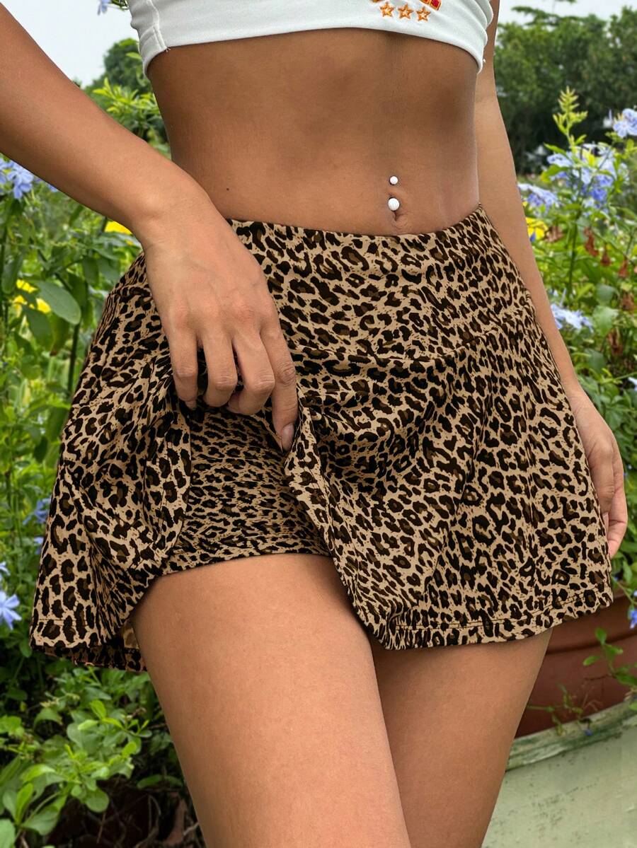 SHEIN EZwear Summer Casual Mini Leopard Print Shorts With Ruffled Hem - Multicolor - View 1