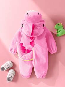 SHEIN 新生儿可爱趣味水晶毛绒3D恐龙造型连体衣，长袖长裤 - 珊瑚粉 - 查看 4