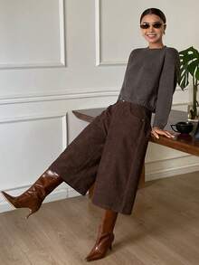 DAZY Women's Solid Color Corduroy Capri Casual Retro Pants, Autumn/Winter - Brown - View 6