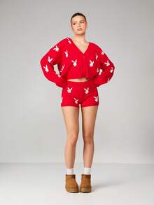 Missguided x Playboy Christmas Bunny Print Cropped Cardigan And High Waisted Booty Shorts Knit Lounge Set Casual Winter Sweater Coord Two Piece - Red - View 5