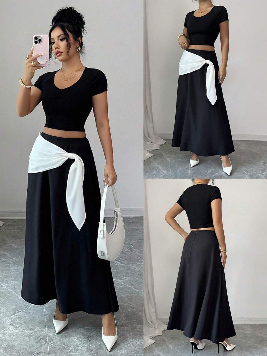 Elenzga Women's Elegant Black & White Color Block Tie-Waist Skirt, Suitable For Autumn/Winter, Thanksgiving, Elegant Parties, Christmas, New Year - Black - View 1