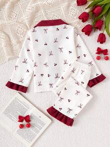 SHEIN 2pcs Young Girl' Sweet Cherry & Bow Print Long Sleeve Cardigan And Pants Set, Casual And Comfortable Loungewear - Multicolor - View 2