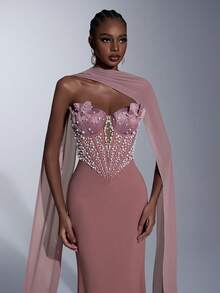 Elitara 优雅奢华魅力珍珠泡泡设计性感V领露背美人鱼连衣裙，适合婚礼、活动、单身派对、度假、晚宴、正式场合。 - 藕粉色 - 查看 1