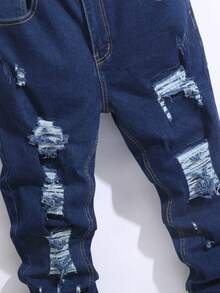 Manfinity Homme Men's Pocket Distressed Skinny Casual Jeans Drip Jeans - Dark Wash - View 5