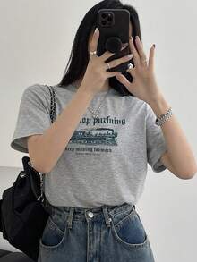 DAZY T-shirt ample à manches courtes pour femmes avec imprimé slogan et encolure ronde pour l'été, t-shirts graphiques, vêtements de rentrée scolaire - Gris - Voir 6