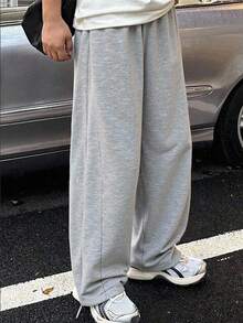 SHEIN Mirajuku 1 件男童休闲直筒裤，设计时尚 - 灰色 - 查看 1