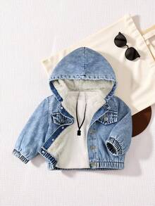 SHEIN Chaqueta vaquera para bebé niño, nueva de otoño/invierno, informal, suave, linda, cálida, con forro polar con capucha, holgada, térmica, estilo coreano, adecuada para otoño/invierno - Lavado ligero - Ver 5