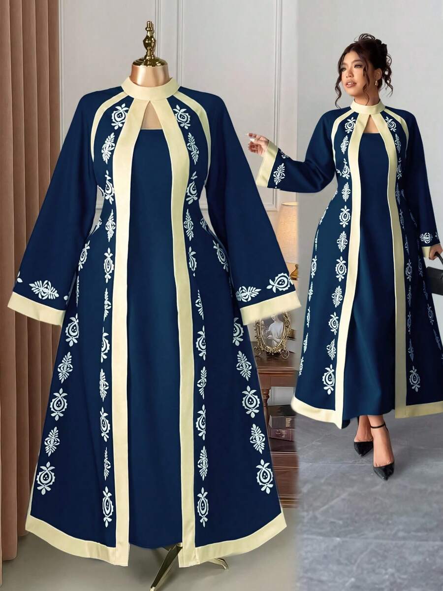 Rometta 大码女式优雅度假风印花高领喇叭袖修身连衣裙（忧郁气质）（周三美学） - 彩色 - 查看 1