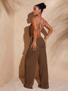 Hauture Sexy Mob Wife Party Casual Vacation Minimalist Solid Textured Twist Waist Loose Wide Leg Pants - Brown - View 3