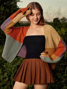 SHEIN MOD 秋冬撞色落肩开衫、长袖上衣 - 彩色 - 查看 1