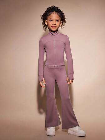 SHEIN 2pcs Young Girls Outfit, Fitted Jacket Coat + Regular Flare Pants, High-Stretch Fabric, Christmas Purple Color, Comfortable Stretchy Material, Flattering Silhouette