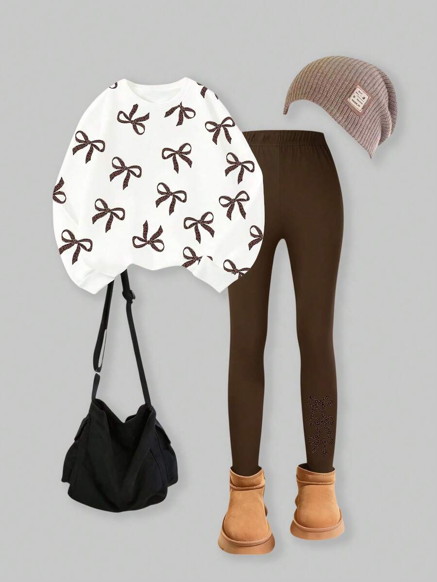SHEIN ChillGRL 少女运动套装，秋冬新款，白色数码印花，黑色蝴蝶结圆领卫衣，黑色修身裤，白色蝴蝶结装饰，舒适合身 - 彩色 - 查看 1