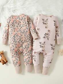 嬰兒女童花卉印花圓領長袖連體睡衣