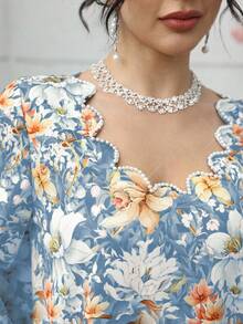 Yasmyna 优雅复古浪漫花卉珍珠装饰宽松休闲连衣裙，女士款 - 彩色 - 查看 1