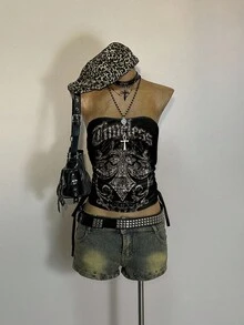 Attitoon Top Casual Vintage Punk Y2K Versátil para Festa, Aeroporto, Cruzeiro, Estampa Floral Inglesa, Confortável Top Casual com Cordão Lateral, Adequada para Outono/Inverno - Multicolorido - Visão 3