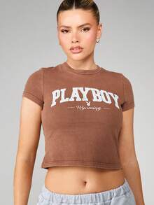 Missguided x Playboy Washed Baby Tee With Wyoming Chest Print Short Sleeve Crew Neck Cotton Blend Graphic Top - Brown - View 3