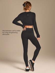 GLOWMODE 无缝羊毛保暖弹力热压缩收腹罗纹紧身裤跑步训练健身房工作室日常运动秋冬 - 黑色 - 查看 4