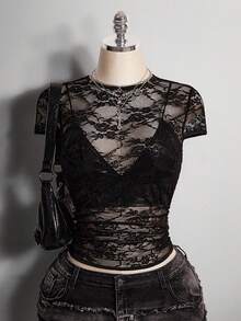 SHEIN ICON Áo thun tay ngắn hở lưng cổ tròn ren đen cỡ lớn - màu đen - Xem 1