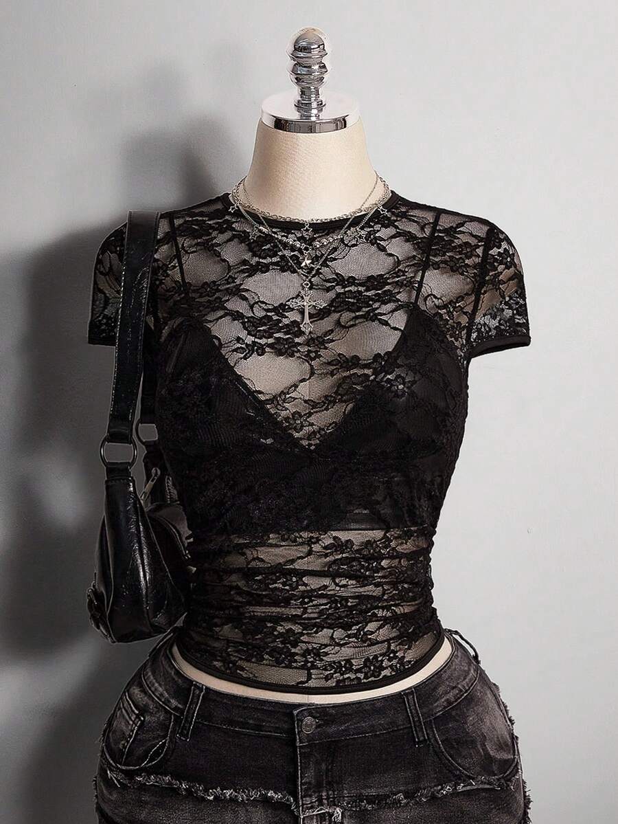 SHEIN ICON Áo thun tay ngắn hở lưng cổ tròn ren đen cỡ lớn - màu đen - Xem 1