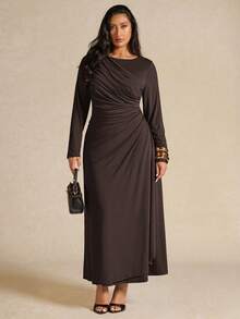 SHEIN BAE 大码女式优雅长袖褶皱连衣裙，黄色，秋冬 - 咖啡棕 - 查看 3