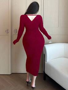 Vibekara Plus Size Women Elegant Solid Color Deep V-Neck Fitted Sweater Dress, Autumn/Winter - Burgundy - View 2