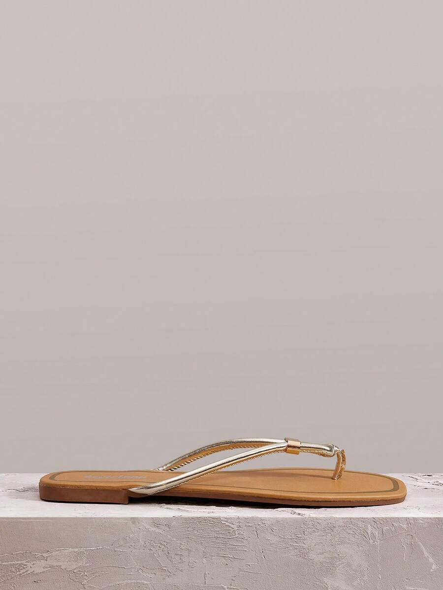 Styleloop Giày sandal đế bằng cho nữ, trang phục dự tiệc âm nhạc phương Tây theo phong cách Bohemian - Vàng - Xem 1