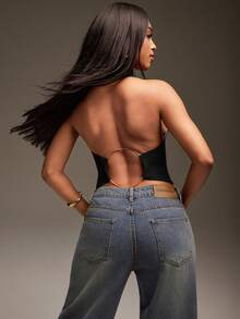 Denimoi High Neck Sleeveless O-Ring Sweater Halter Top, Sweater Top, Backless Top, Turtle Neck Sweater - Black - View 6