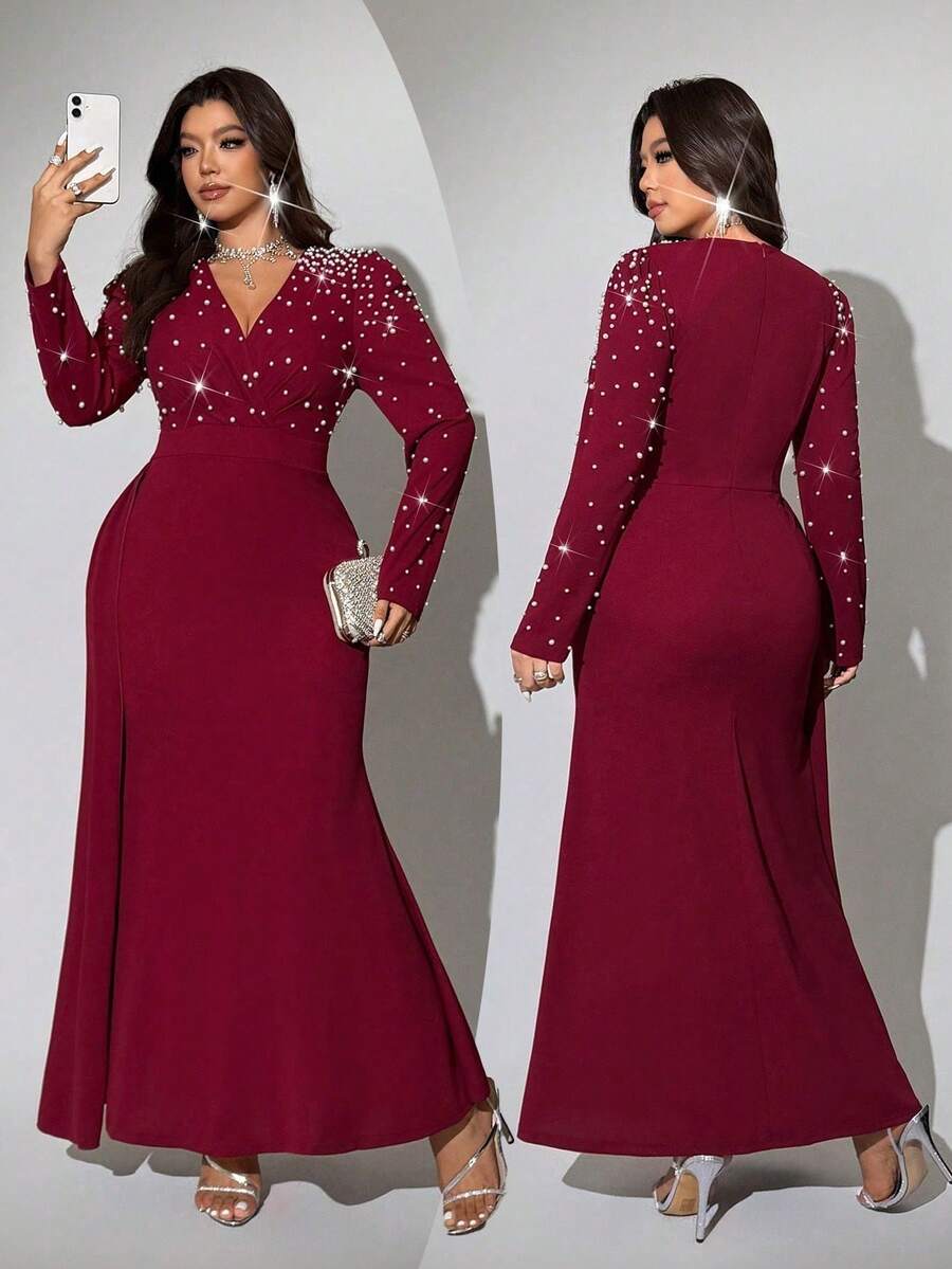 Viva Relle Đầm dạ hội sang trọng, thanh lịch dành cho nữ cỡ lớn, thích hợp dự tiệc cưới, đính kim cương, tay dài, kiểu đuôi cá, phù hợp cho ngày Valentine. - Màu Đỏ Sâu - Xem 1