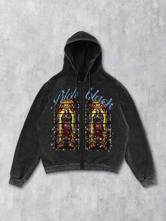 Street Life Herren Schwarzer Hoodie Sweatshirt mit verwaschenem Schneeflocken-Muster und religiösem Motiv der Jungfrau Maria, Herbst/Winter